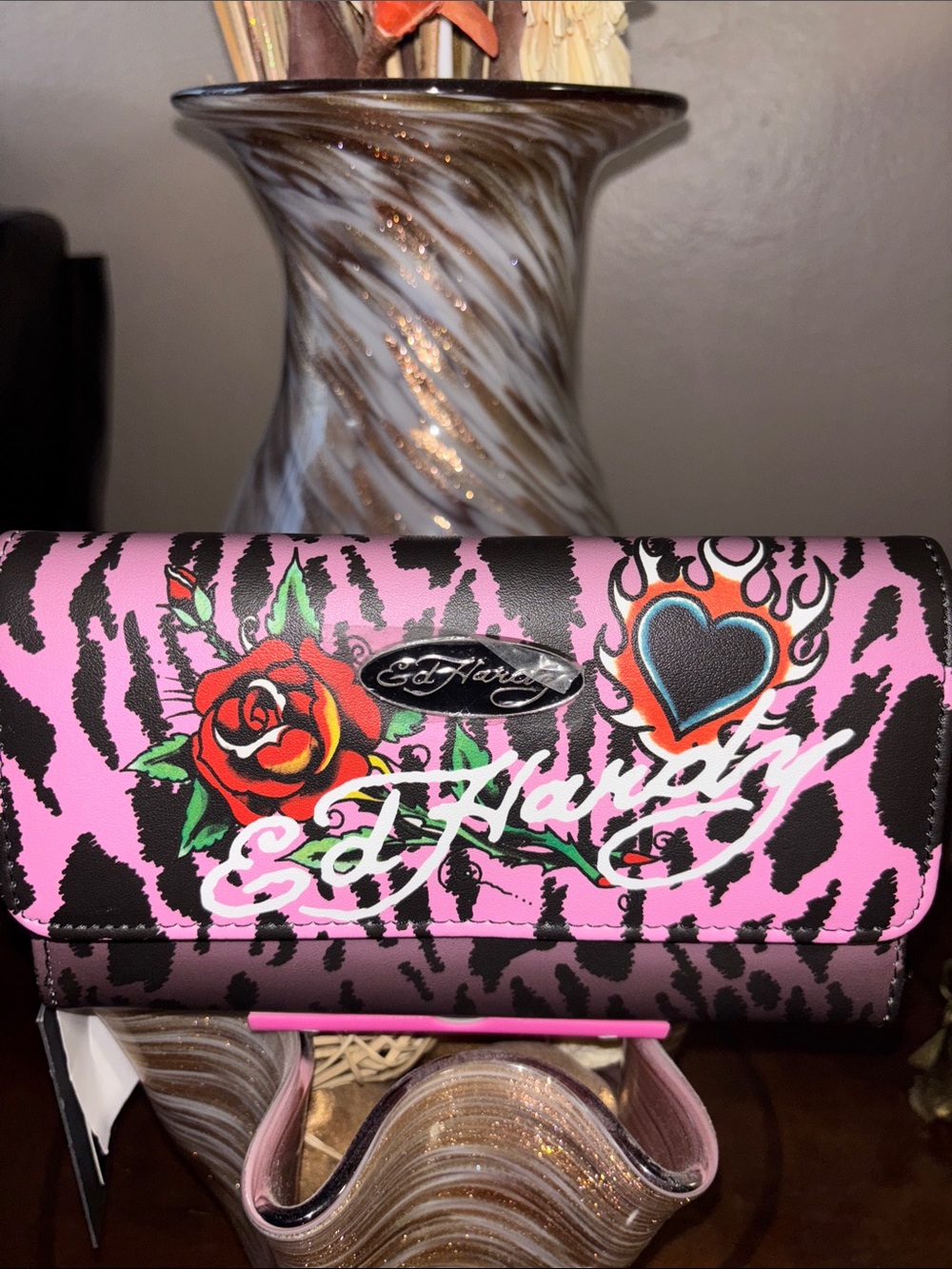 Ed Hardy NWT Zebra Rose Heart Wallet